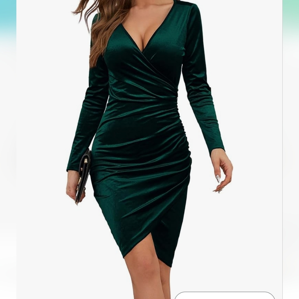 Dark Green Deep V Neck Velvet Tulip Hem Wrap Dress Long Sleeve XL C19